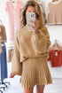 High Neck Balloon Sleeve Sweater Pleated Mini Skirt Two Piece Set
